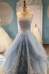 Blue Prom Dress Sweetheart Neck Tulle Lace Appliques Long Evening Dress