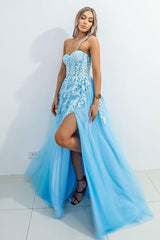 Blue Prom Dress Sweetheart Neck Tulle Lace Long Formal Evening Dress