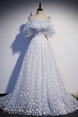 Blue Prom Dress Sweetheart Neck Tulle Long Formal Dress Evening Dress