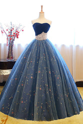 Blue Prom Dress Sweetheart Neck Tulle Long Prom Gown Sweet 16 Dress Evening Dress