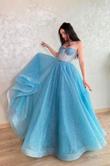 Blue Prom Dress Sweetheart Neck Tulle Sequin Long Evening Dress