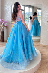 Blue Prom Dress Sweetheart Neck Tulle Sequin Long Evening Dress