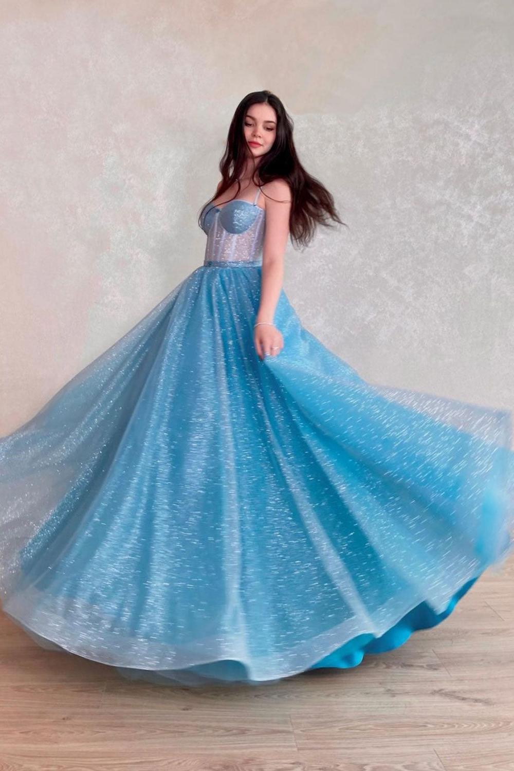 Blue Prom Dress Sweetheart Neck Tulle Sequin Long Evening Dress