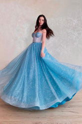 Blue Prom Dress Sweetheart Neck Tulle Sequin Long Evening Dress