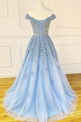 Blue Prom Dress Sweetheart Off the Shoulder Lace Tulle Long Formal Dress Evening Dress