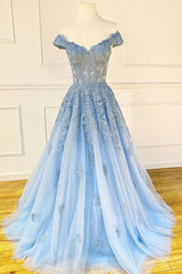 Blue Prom Dress Sweetheart Off the Shoulder Lace Tulle Long Formal Dress Evening Dress