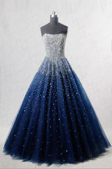 Blue Prom Dress Sweetheart Sequin Tulle Long Evening Dress