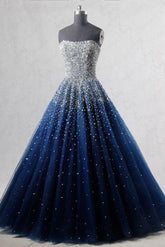 Blue Prom Dress Sweetheart Sequin Tulle Long Evening Dress