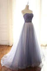 Blue Prom Dress Sweetheart Tulle Beaded Long Evening Dress