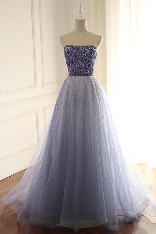 Blue Prom Dress Sweetheart Tulle Beaded Long Evening Dress