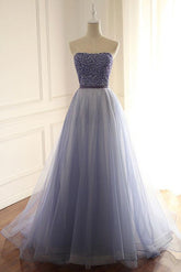 Blue Prom Dress Sweetheart Tulle Beaded Long Evening Dress