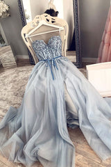 Blue Prom Dress Sweetheart Tulle Lace Long Evening Dress