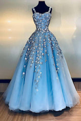 Blue Prom Dress Sweetheart Tulle Lace Long Formal Dress Evening Dress