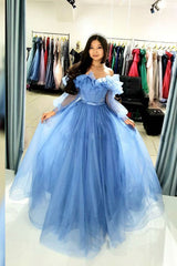 Blue Prom Dress Sweetheart Tulle Long Formal Dress Evening Dress