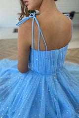 Blue Prom Dress Sweetheart Tulle Tea Length Formal Dress Evening Dress