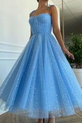 Blue Prom Dress Sweetheart Tulle Tea Length Formal Dress Evening Dress