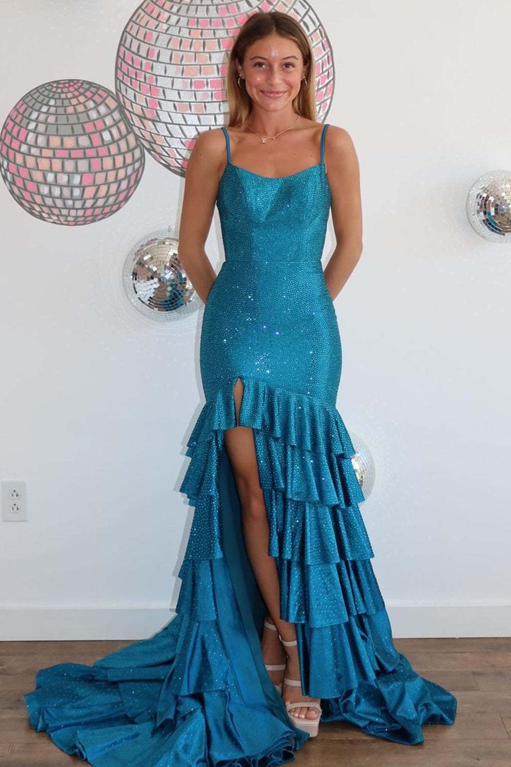 Blue Prom Dress Tiered Mermaid Spaghetti Straps Long Evening Dress with Slit