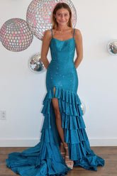 Blue Prom Dress Tiered Mermaid Spaghetti Straps Long Evening Dress with Slit