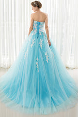 Blue Prom Dress Tulle Lace Appliques Long Formal Evening Dress