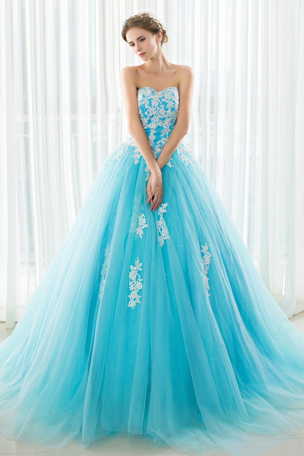 Blue Prom Dress Tulle Lace Appliques Long Formal Evening Dress