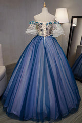 Blue Prom Dress Tulle Lace Appliques e Long Formal Gown Evening Dress