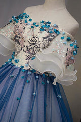 Blue Prom Dress Tulle Lace Appliques e Long Formal Gown Evening Dress