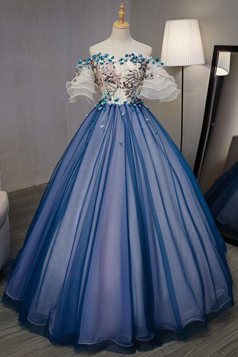 Blue Prom Dress Tulle Lace Appliques e Long Formal Gown Evening Dress