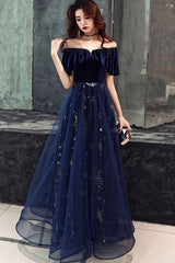 Blue Prom Dress Tulle Lace Long Evening Dress