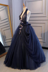 Blue Prom Dress Tulle Lace Long Evening Dress