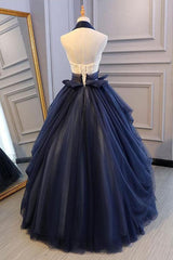 Blue Prom Dress Tulle Lace Long Evening Dress