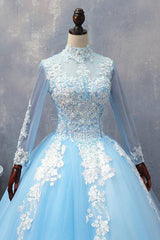 Blue Prom Dress Tulle Lace Long Evening Dress