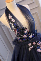 Blue Prom Dress Tulle Lace Long Evening Dress