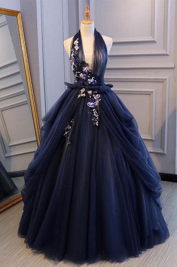 Blue Prom Dress Tulle Lace Long Evening Dress