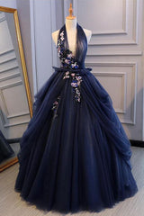 Blue Prom Dress Tulle Lace Long Evening Dress