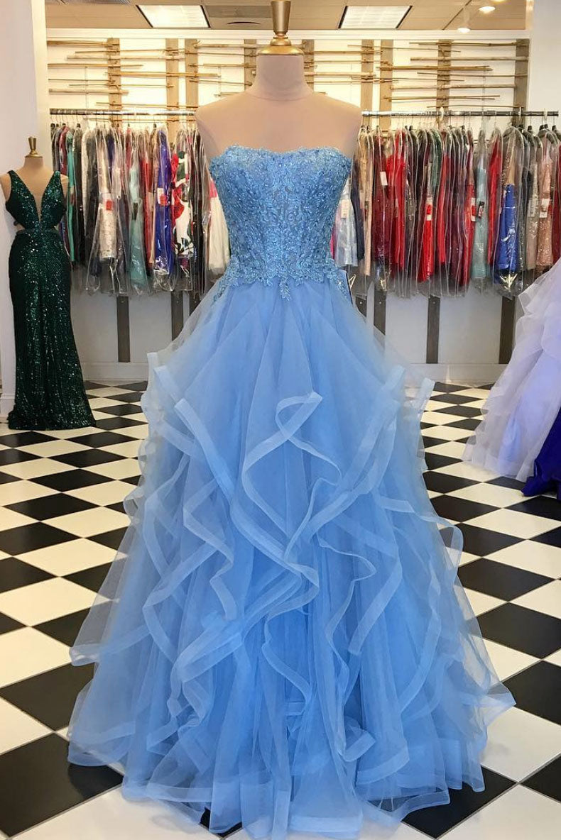 Blue Prom Dress Tulle Lace Long Evening Dress