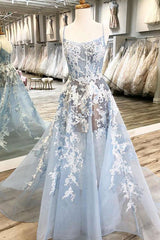 Blue Prom Dress Tulle Lace Long Evening Dress