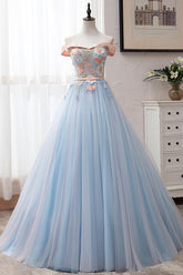 Blue Prom Dress Tulle Lace Long Formal Dress Evening Dress