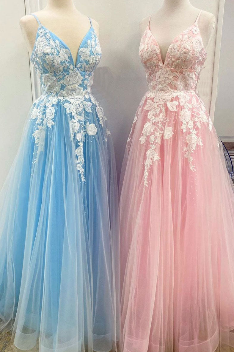Blue Prom Dress Tulle Lace Long Formal Dress Evening Dress