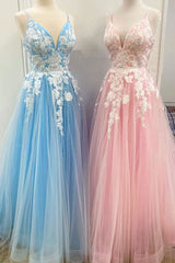 Blue Prom Dress Tulle Lace Long Formal Dress Evening Dress