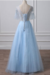 Blue Prom Dress Tulle Lace Long Formal Evening Dress