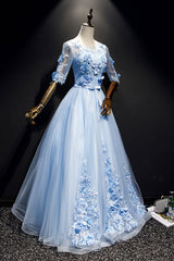 Blue Prom Dress Tulle Lace Long Formal Evening Dress