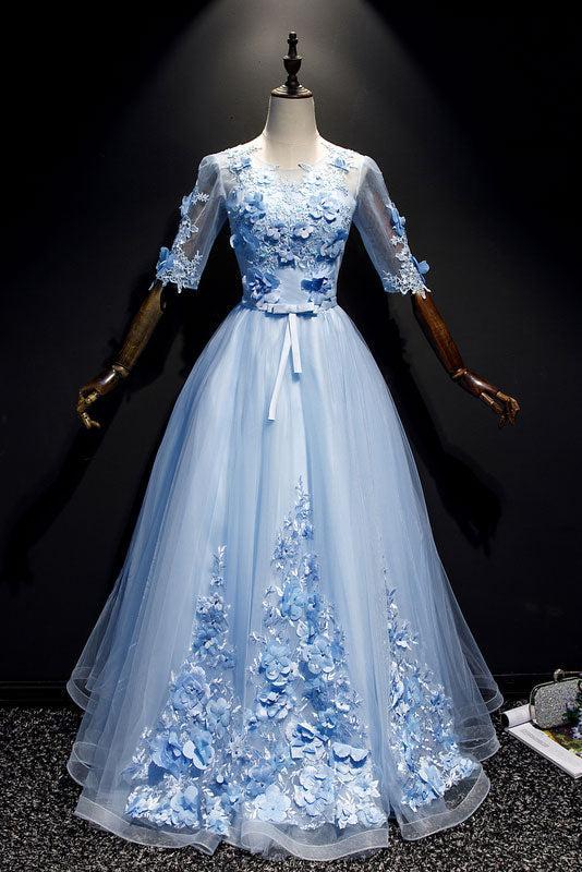 Blue Prom Dress Tulle Lace Long Formal Evening Dress