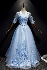 Blue Prom Dress Tulle Lace Long Formal Evening Dress