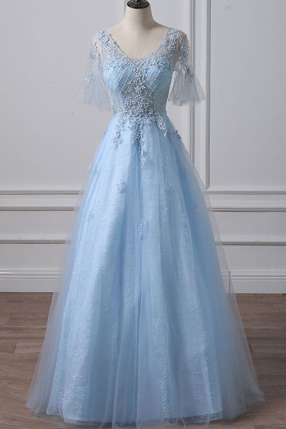 Blue Prom Dress Tulle Lace Long Formal Evening Dress