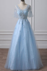 Blue Prom Dress Tulle Lace Long Formal Evening Dress