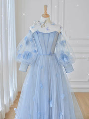Blue Prom Dress Tulle Lace Long Formal Gown Evening Dress
