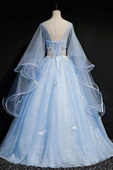 Blue Prom Dress Tulle Lace Long Formal Gown Evening Dress