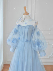 Blue Prom Dress Tulle Lace Long Formal Gown Evening Dress