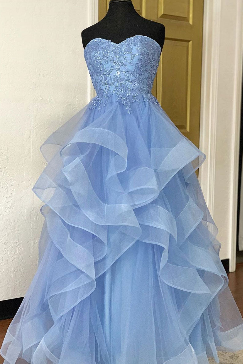 Blue Prom Dress Tulle Lace Long Formal Gown Evening Dress
