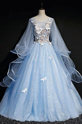 Blue Prom Dress Tulle Lace Long Formal Gown Evening Dress